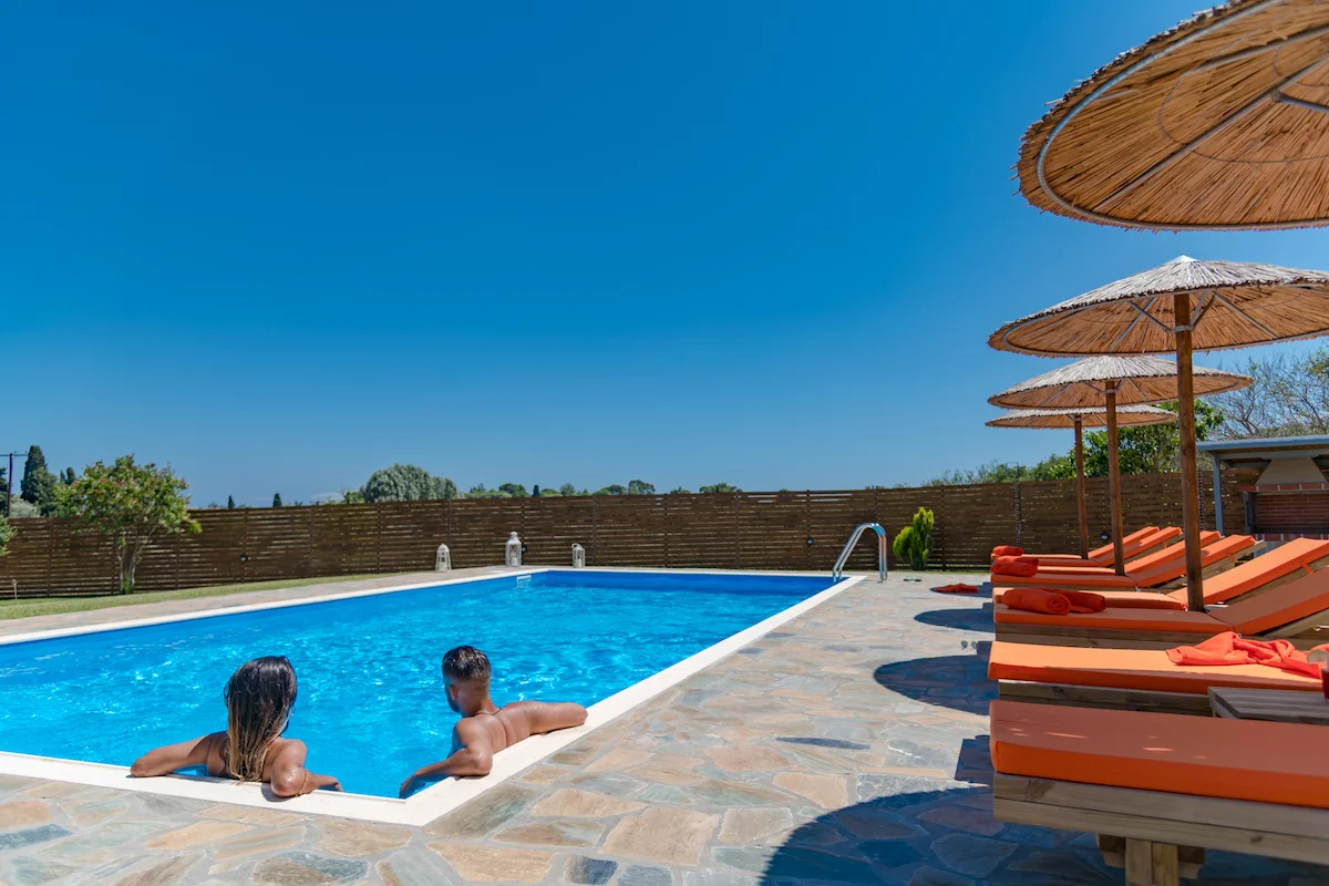 Private pool at Antia Villa Kefalonia – villa with sun loungers.